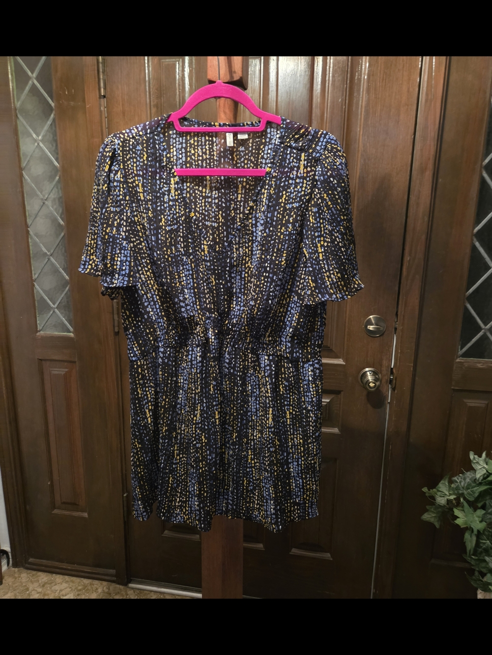 Cato Navy Blue Printed Short Flutter Sleeve Blouse with Yellow Accent
